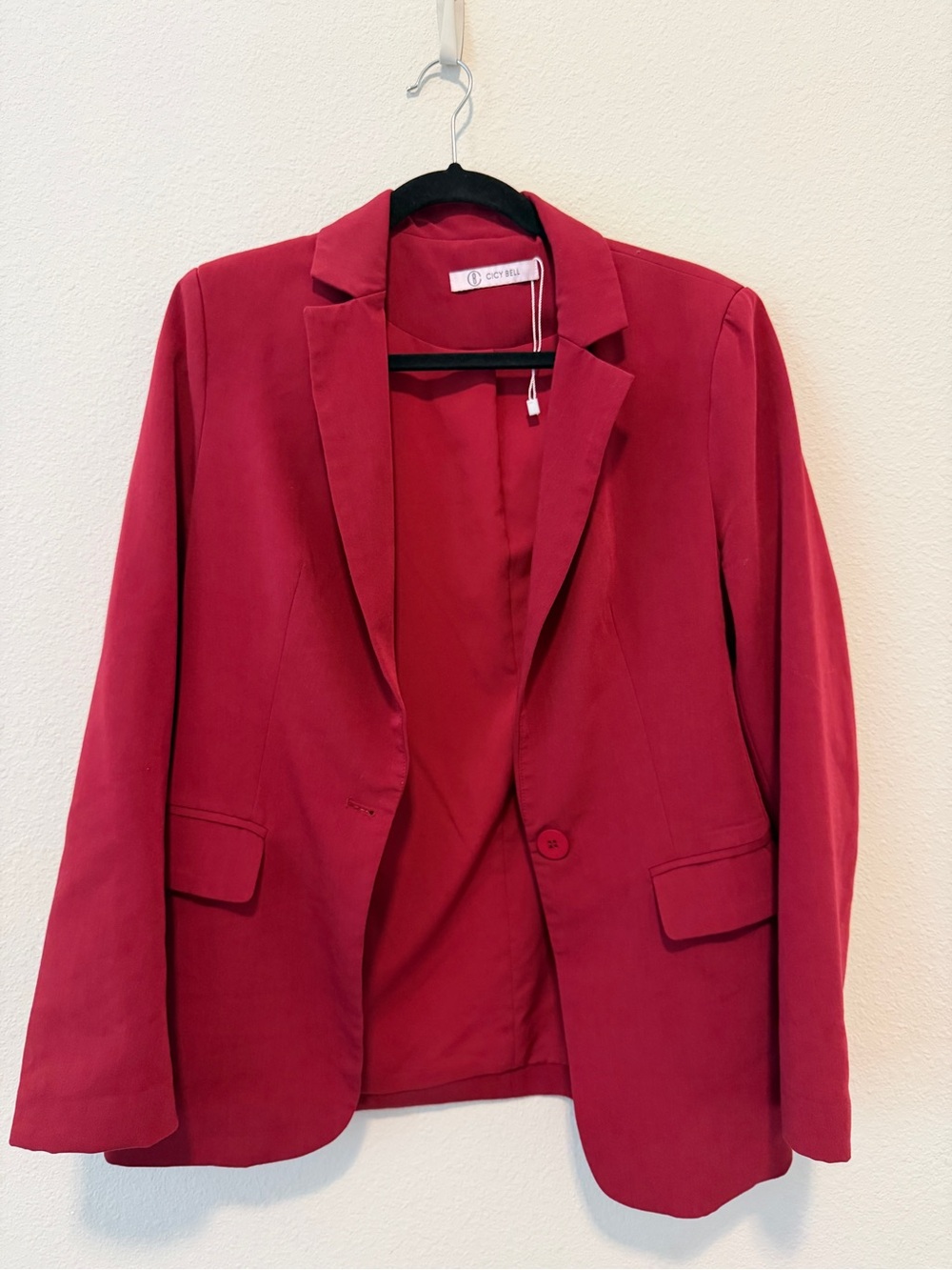 Women's Burgundy Blazer Jacket - Classic Single-Button Tailored Coat - Picture 3 of 4